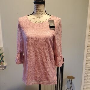 Adrianna Papell Pink Lace Ruffle Sleeve Blouse